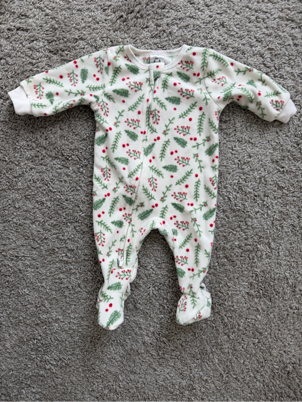 Baby Holiday Print Fleece One-Piece - White with Green & Red